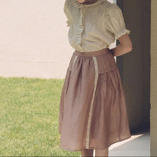 Little Girls 2-Piece Cotton Outfit with Puff Sleeve Top & Pleated Skirt