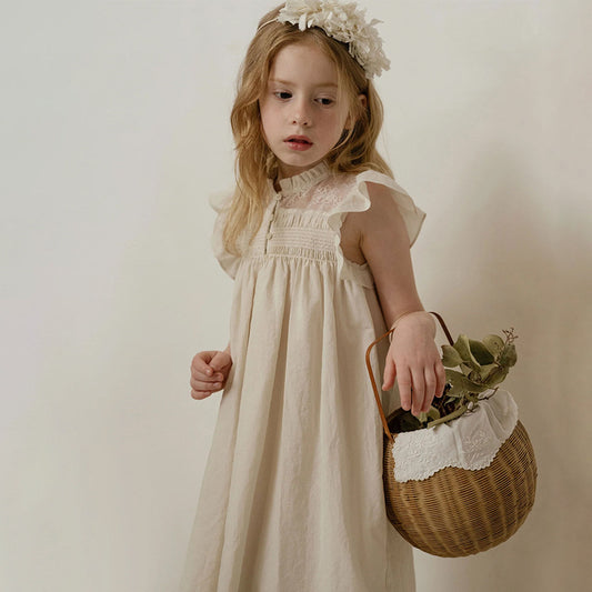 Toddler Girls Sleeveless Smocked A-Line Dress Ruffle Flutter Sleeve Cotton Summer Clothing